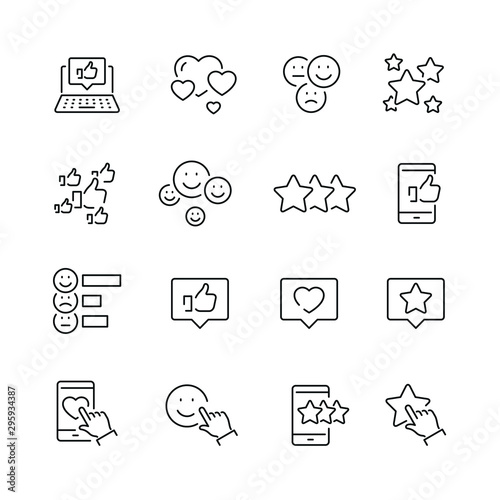 Feedback and testimonials related icons: thin vector icon set, black and white kit