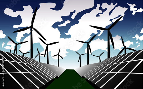 Wind farm. Solar panel. Vector illustration.