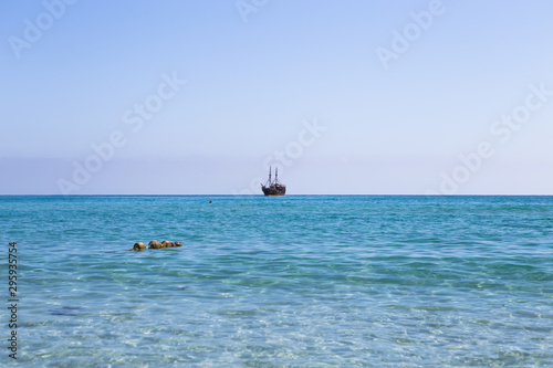 Tunis, Tunisia 28 September 2019 - A modern day pirate ship that doubles as a party boat sits off the coast of tunisia