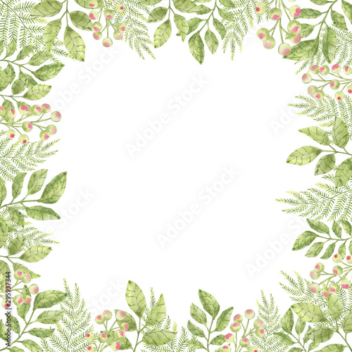 Beautiful floral frame of watercolor elements in pink and green colors. Suitable for business cards  invitations and design.