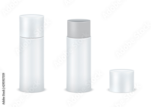 Vector set blank white cardboard cylinder box mockup. Tube for package design Isolated on white background. Vector illustration