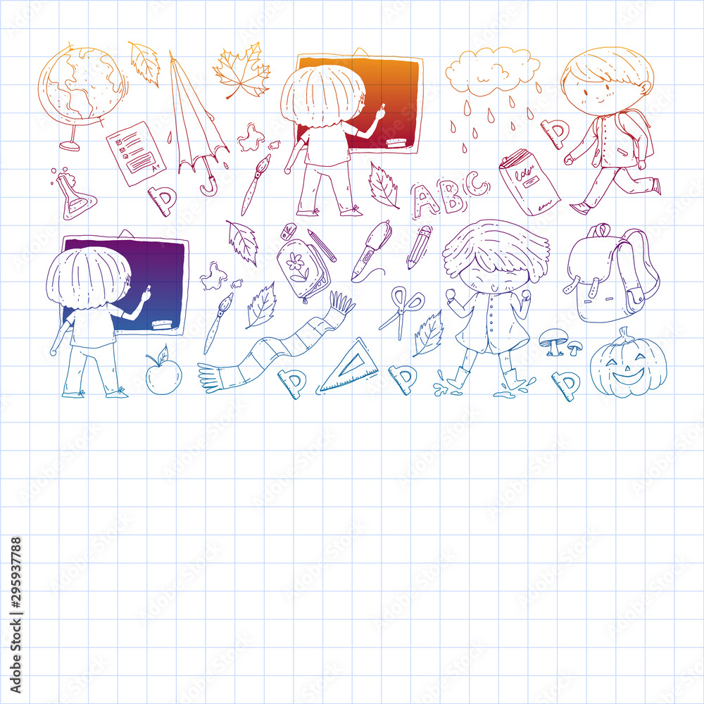 Fototapeta premium Back to school vector pattern. Education icons for children.