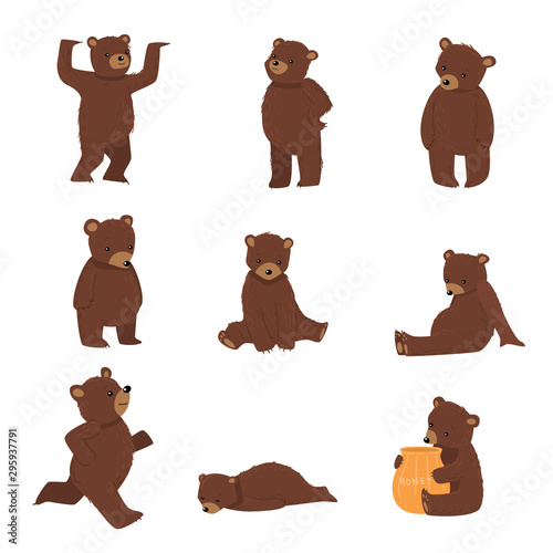 Set of brown beers doing everyday things vector illustration