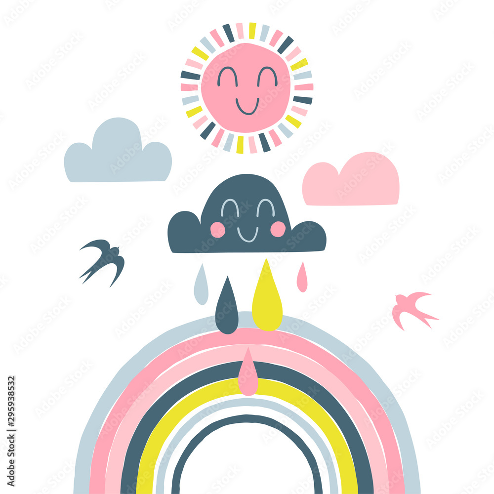 Rainbow Smiling Sun And Cloud Vector Illustration Rainy Sky Hand Rainbow Smiling Sun And Cloud Vector Illustration Rainy Sky Hand