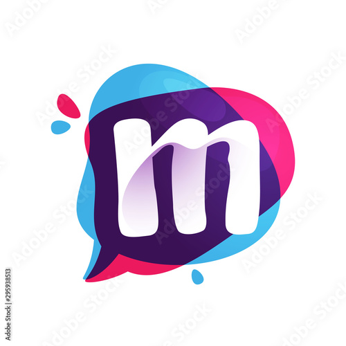 M letter chat app logo at colorful watercolor splash background.