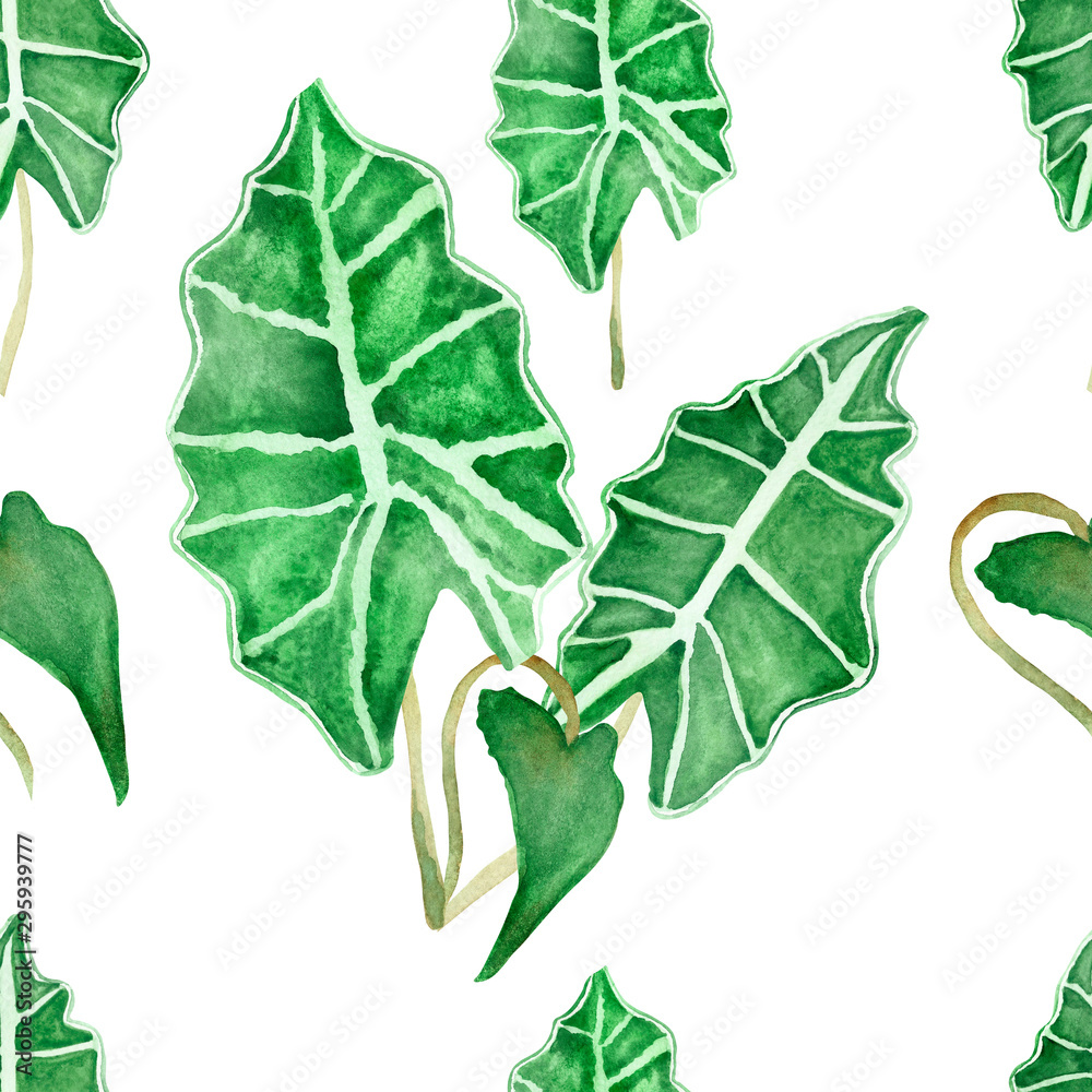 Fototapeta premium Watercolor hand painted nature organic seamless pattern with green tropical leaves and branches with white stripes isolated on the white background for textile and wallpaper texture