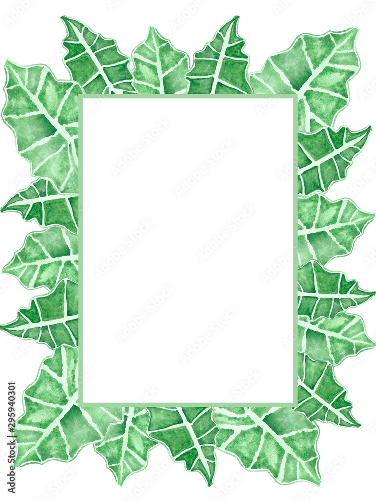 Watercolor hand painted nature squared frame with green tropical leaves and branches with white stripes around on the white background for invitations and greeting cards with the space for text Watercolor hand painted nature squared frame with green tropical leaves and branches with white stripes around on the white background for invitations and greeting cards with the space for text