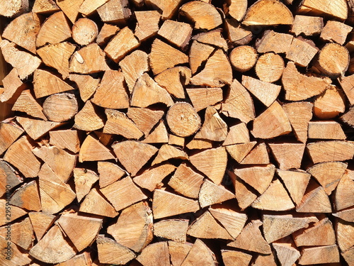 Fresh cut timber logs piled up in even rows, background Germany 2019