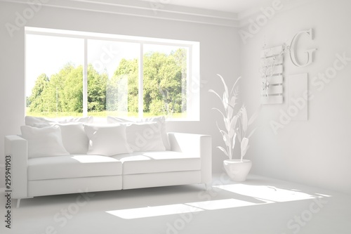 Mock up of stylish room in white color with sofa and green landscape in window. Scandinavian interior design. 3D illustration