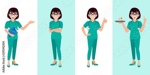 Female doctor cartoon character set, young or teenager lady doctor in different poses, medical worker or hospital staff. Doctor cartoon Flat icon on a white and green background vector