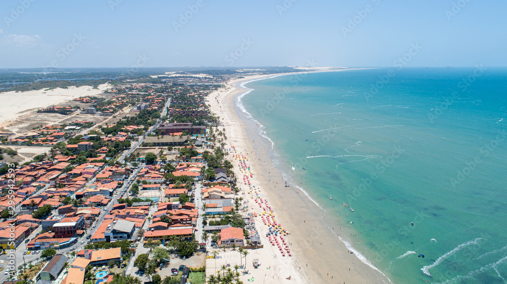 Cumbuco beach, famous place near Fortaleza, Ceara, Brazil. Aerial view. Cumbuco Beach full of kite surfers. Most popular places for kitesurfing in Brazil , the winds are good all over the year.