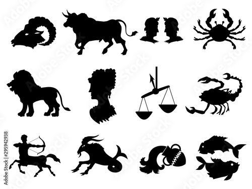Vector black silhouettes of zodiac signs. All zodiac signs in: Aries, Taurus, Gemini, Cancer, Leo, Virgo, Libra, Scorpio, Sagittarius, Capricorn, Aquarius, Pisces