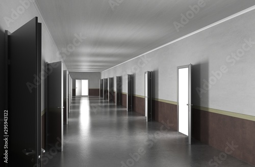 long corridor with doors, interior visualization, 3D illustration