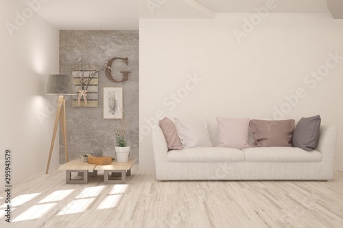 Stylish room in white color with sofa. Scandinavian interior design. 3D illustration