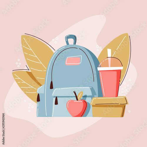 Сhild eating for lunch at school. Lunchbox with meal, apple, drink and bag. Vector illustration