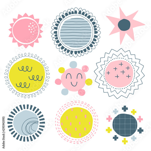 Abstract shapes vector illustrations set. Doodle solar disks flat simple composition. Cartoon round and circles with scribbles, zigzag lines and cross drawing. Sun and stars color icons collection