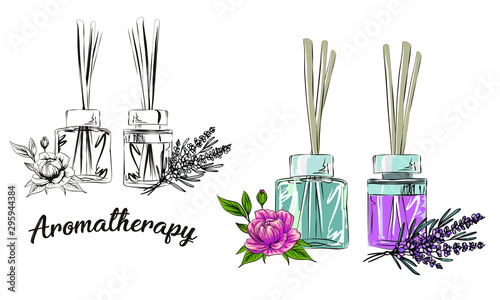 incense sticks in a diffuser, flower aromatherapy for spa salon and home, vector illustration with flower on a white background