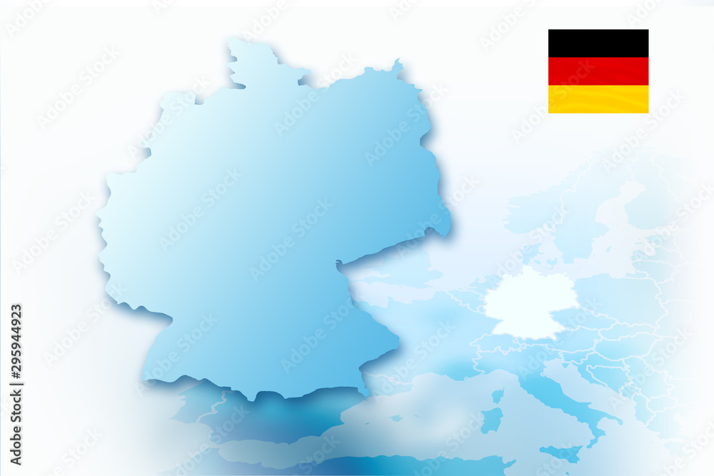 An illustrative outline of the territory of Germany against the backdrop of Europe. Contains the national flag