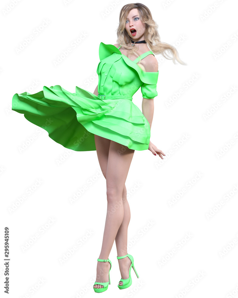 Beautiful blonde woman in light summer waving dress. Beautiful blonde woman in light summer waving dress.