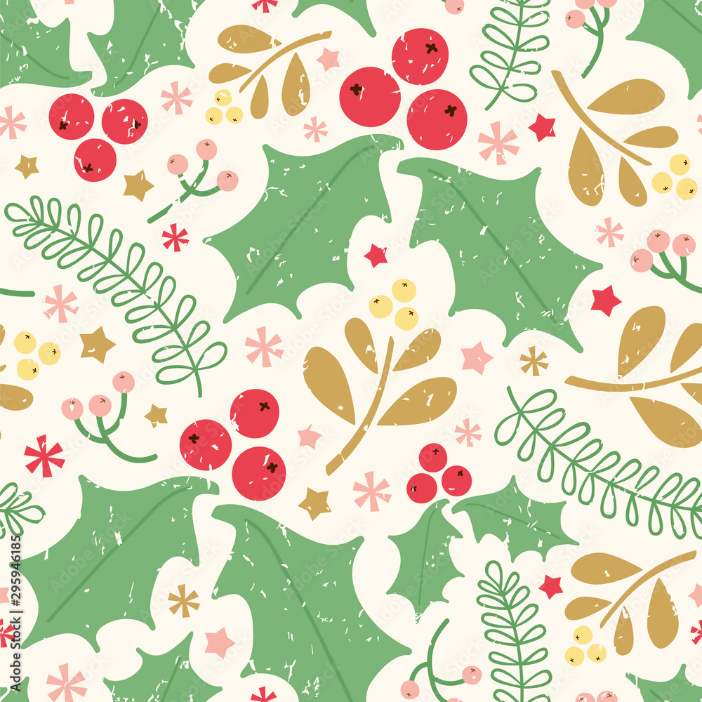 Seamless vector pattern with holly berries, mistletoe, leaves and berries. Seamless vector pattern with holly berries, mistletoe, leaves and berries.