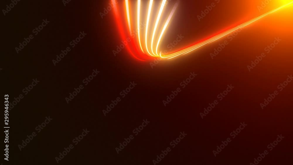 White and red energy light lines with glowing traces flying in abstract space forming a circle shape. Motion animation showing bright energy curved line shape with trail trace effect fading away