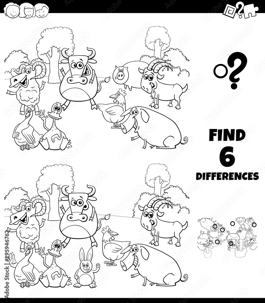 differences color book with farm animal characters