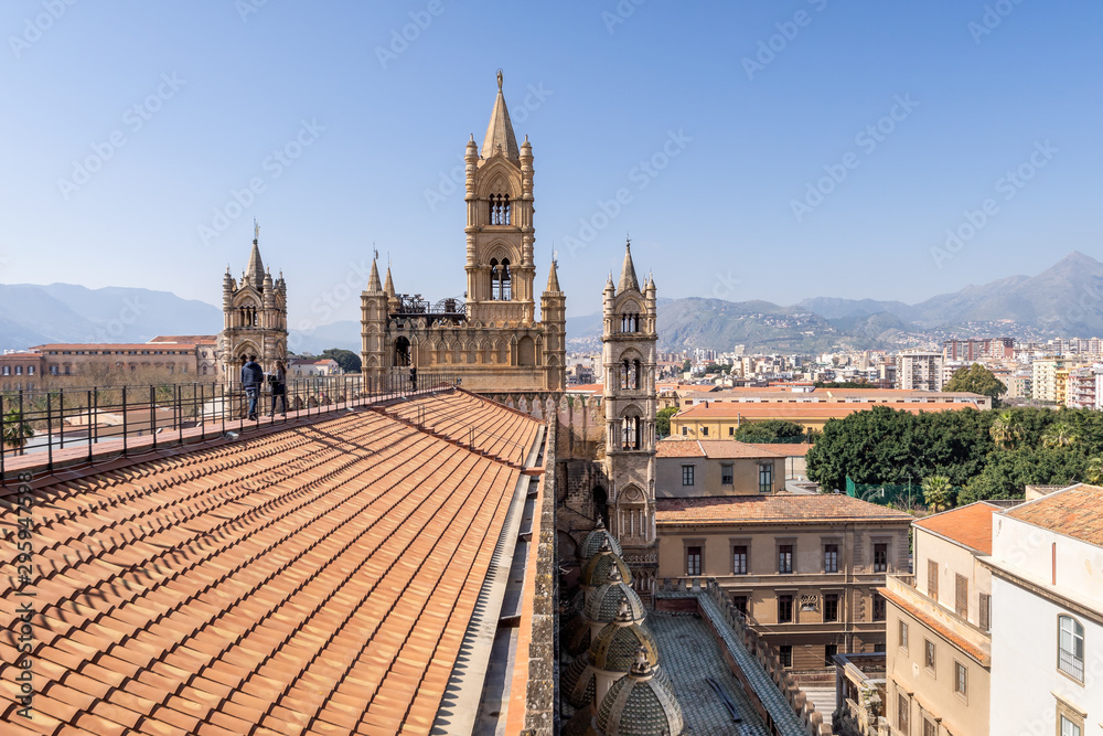 Rooftop view of the Palermo Cathedral or Cattedrale di Palermo bell towers in a nice sunny afternoon in Palermo, Sicily.