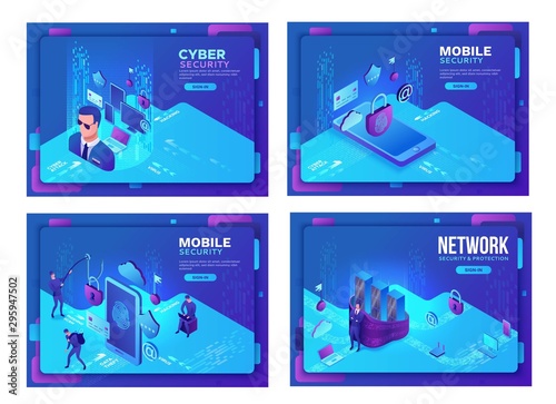 Cyber security 3d isometric vector illustration set, data protection concept, firewall attack, phishing scam, mobile information safety , server safety, smartphone, laptop, computer, bank card