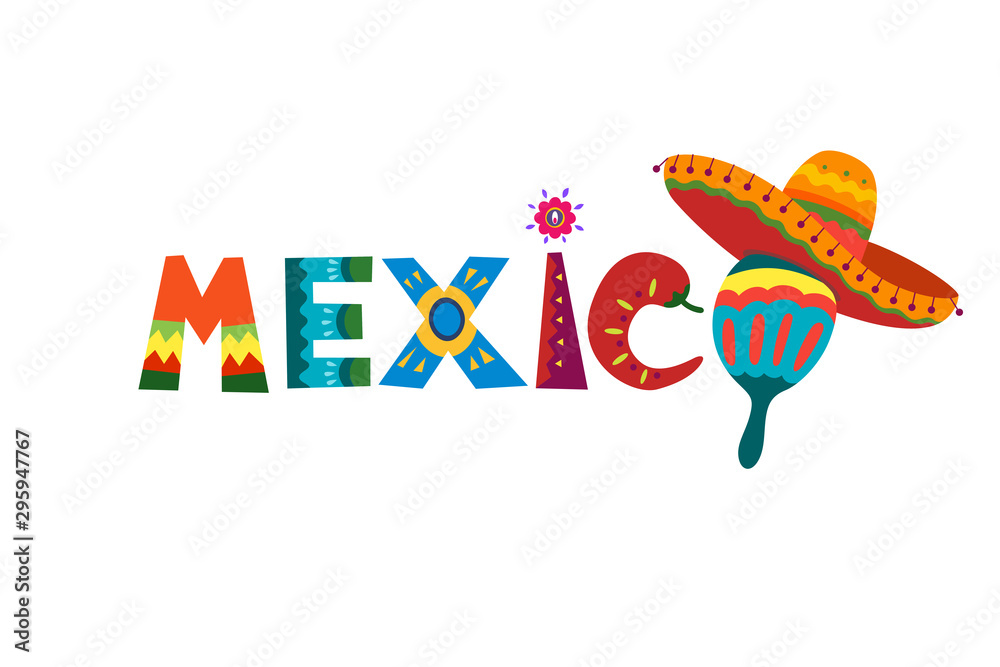 Mexico word in Mexican traditional ornament text for festive card or