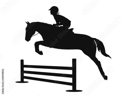 Silhouette of a child is learning on a pony show jumping