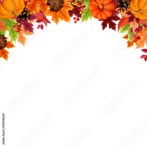 Vector autumn wreath with orange pumpkins  pinecones and colorful leaves.