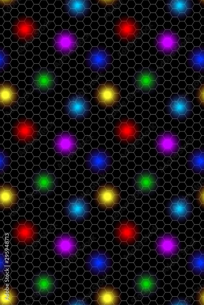 Abstract Black and White Seamless Geometric Pattern with Colorful Lighting. Bright Spotted Hexagonal Texture. Raster. 3D Illustration