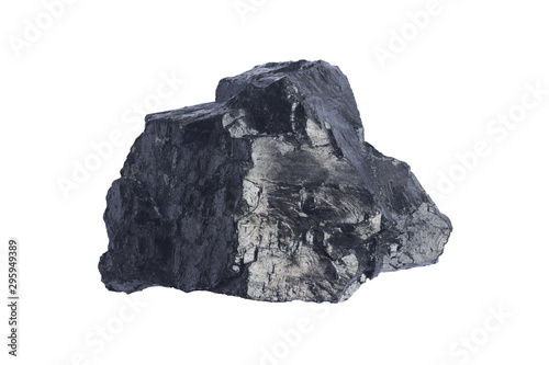 Black coal mine close-up with soft focus. Anthracite coal bar isolaned on white. Natural black coal bar for design. Industrial coal nugget close up
