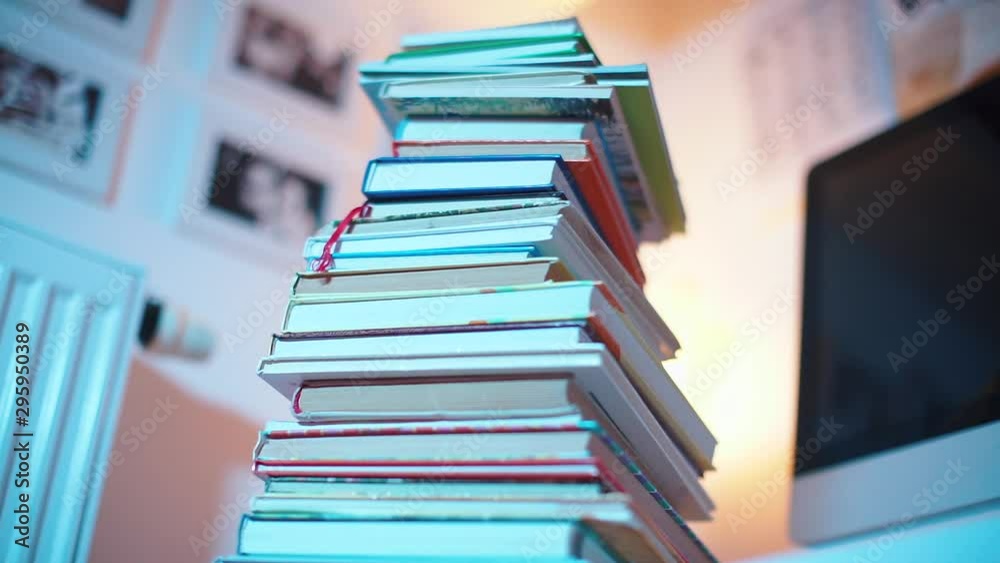 close-up of a stack of books in a library