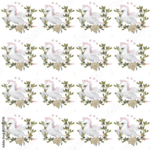 Watercolor cute nursery pegasus pattern. Little fantasy white pony with pink hair and olive branch. Cute character. Child illustration Isolated. Print for t-shirts and bags