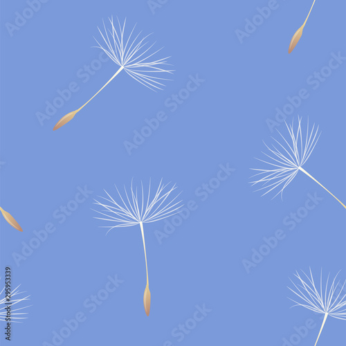 Dandelion fluff on blue seamless pattern. Card with blowball seeds for cover or wrapper. Textile design texture. Nature backdrop. Vector summer template.