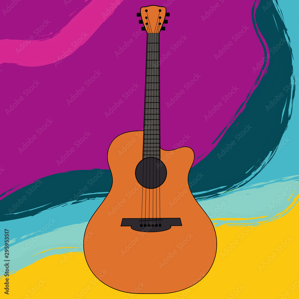 Fototapeta Acoustic guitar on colour background. Vector illustration