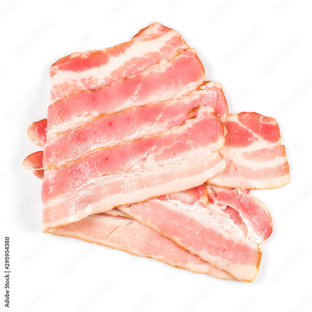 Rasher or smoked sliced bacon ready for cooking. Some pieces of pork belly, isolated on a white background, close-up.