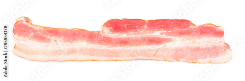 Rasher or sliced bacon ready for cooking. One piece of pork belly isolated on white background, banner size close-up.