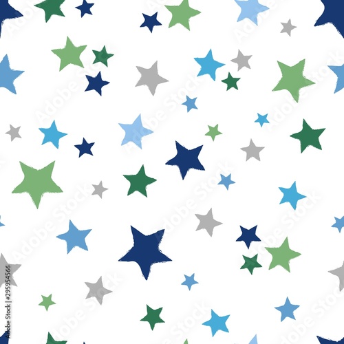 Seamless repeat pattern with tossed blue, green and gray stars on a white background. Great for boys' projects.
