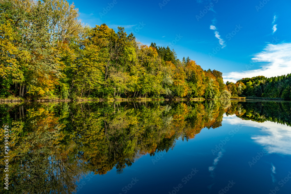 Spiegelung des Herbstwaldes im Thanninger Weiher