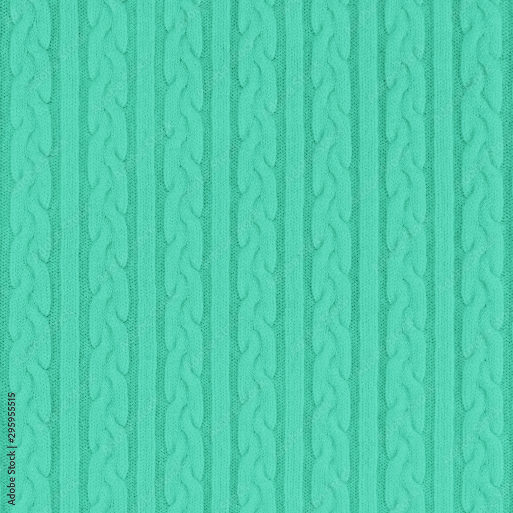 Fototapeta premium Trendy mint colored Knitwear Fabric Texture with Pigtails and stripes. Repeating Machine Knitting Texture of Sweater. Knitted Background.