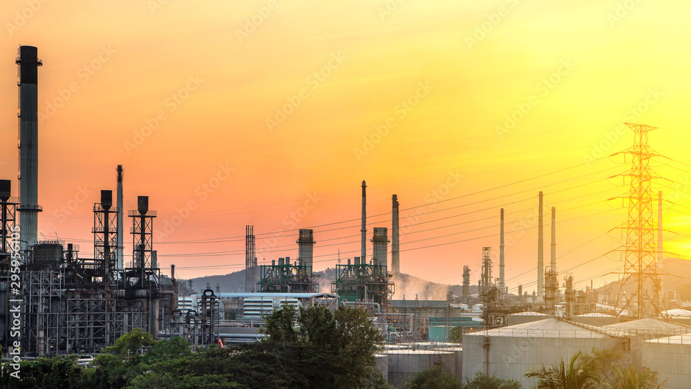 Fototapeta premium Panorama wide-angle Large oil and gas refinery industrial area and beautiful lighting at Twilight.