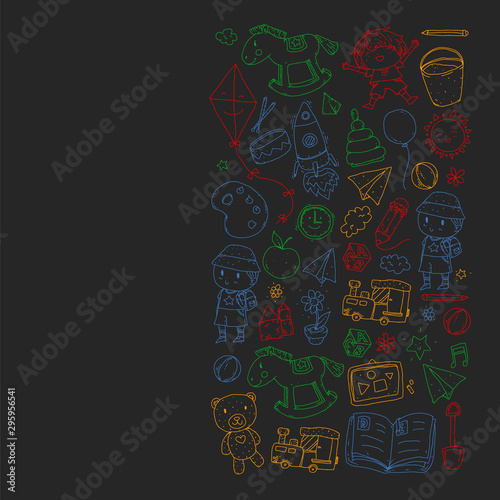 Wallpaper Mural Kindergarten with toys. Pattern for children. Little preschool kids education. Drawing, learning, play Torontodigital.ca