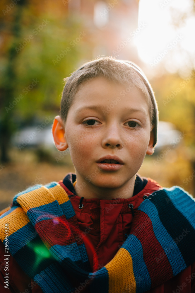 Portrait of cute boy looking at camera, wearing colorful scarf, isolated on autumn street background Portrait of cute boy looking at camera, wearing colorful scarf, isolated on autumn street background