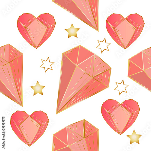 Colorful seamless pattern with hand drawn crystals and gems in pink, lilac tones with gold contour