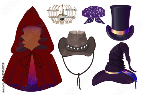 Set of hats for Halloween or carnival celebration. Decorations for your photos that will give the mood of the holiday. Isolated on white background.  Vector illustration.