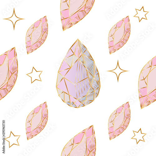 Colorful seamless pattern with hand drawn crystals and gems in pink, lilac tones with gold contour