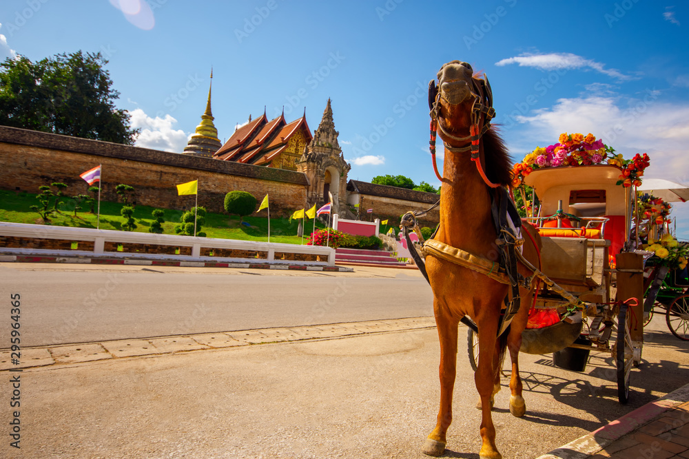 Naklejka premium Powóz konny w Lampang w Wat Phra That Lampang Luang, prowincja Lampang w LAMPANG w Tajlandii