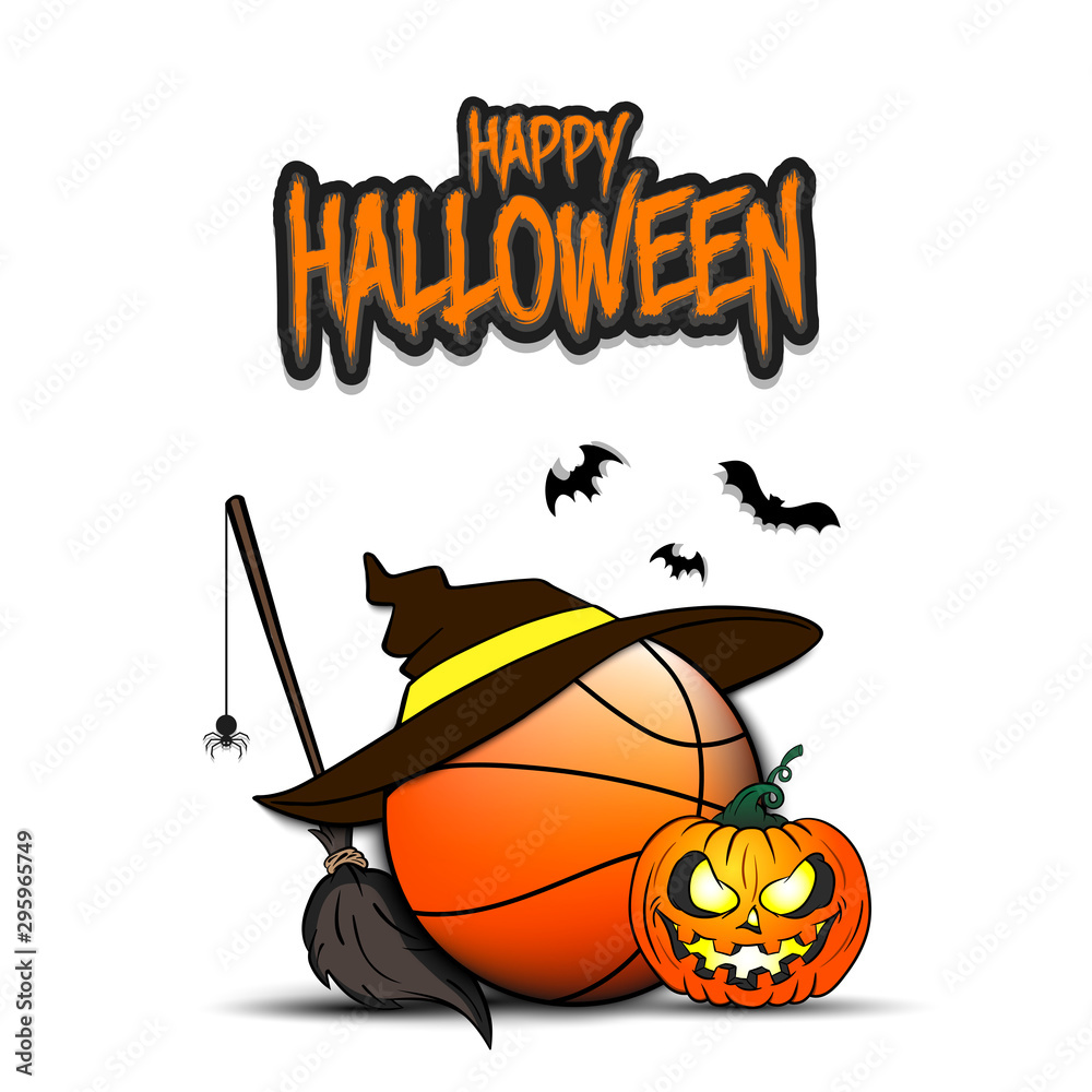 Fototapeta premium Basketball ball with witch hat and happy Hallowen
